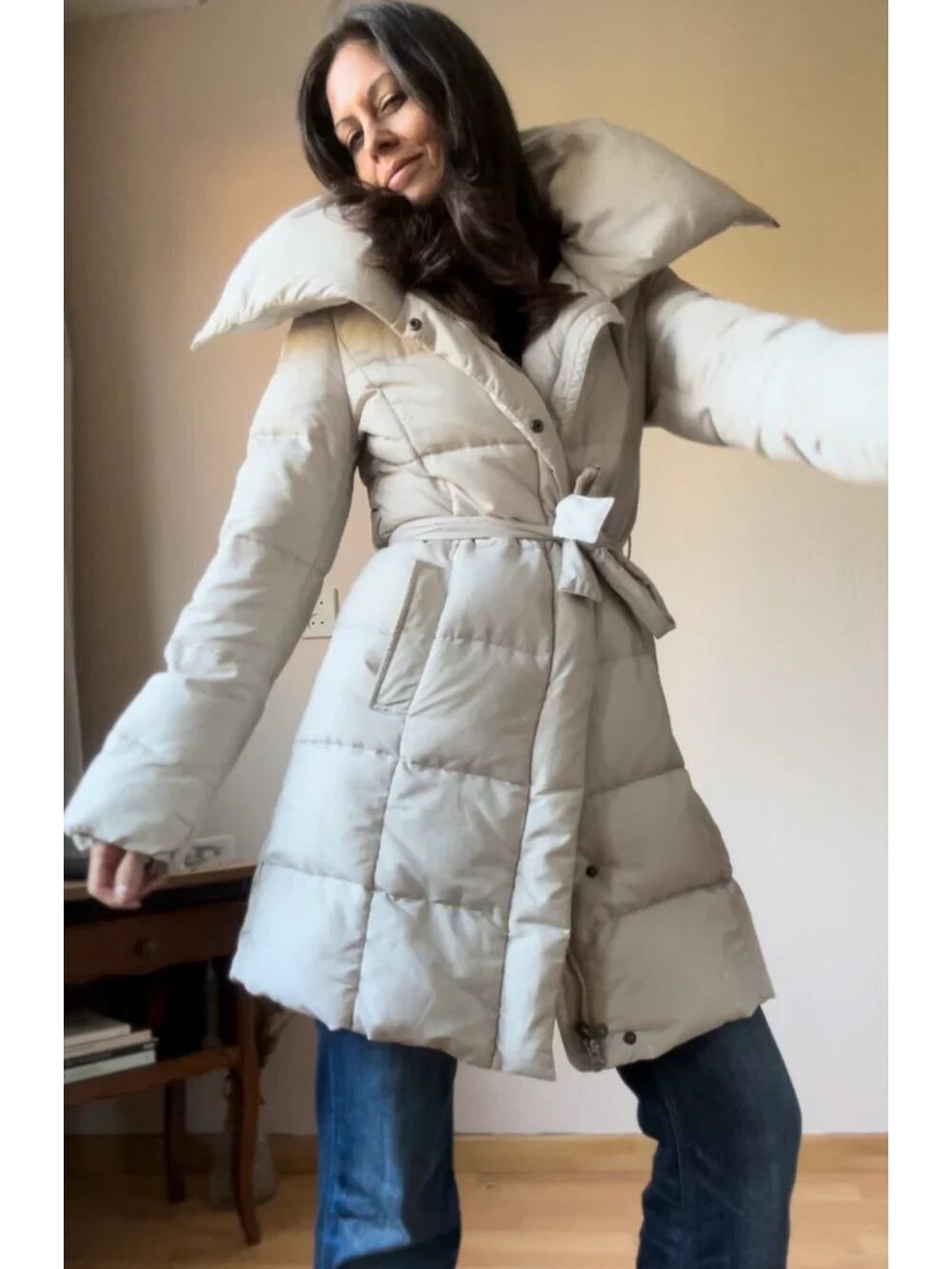 Max Mara Weekend Puffer Coat Womens 8 Beige Quilted Long Funnel Neck Outdoor